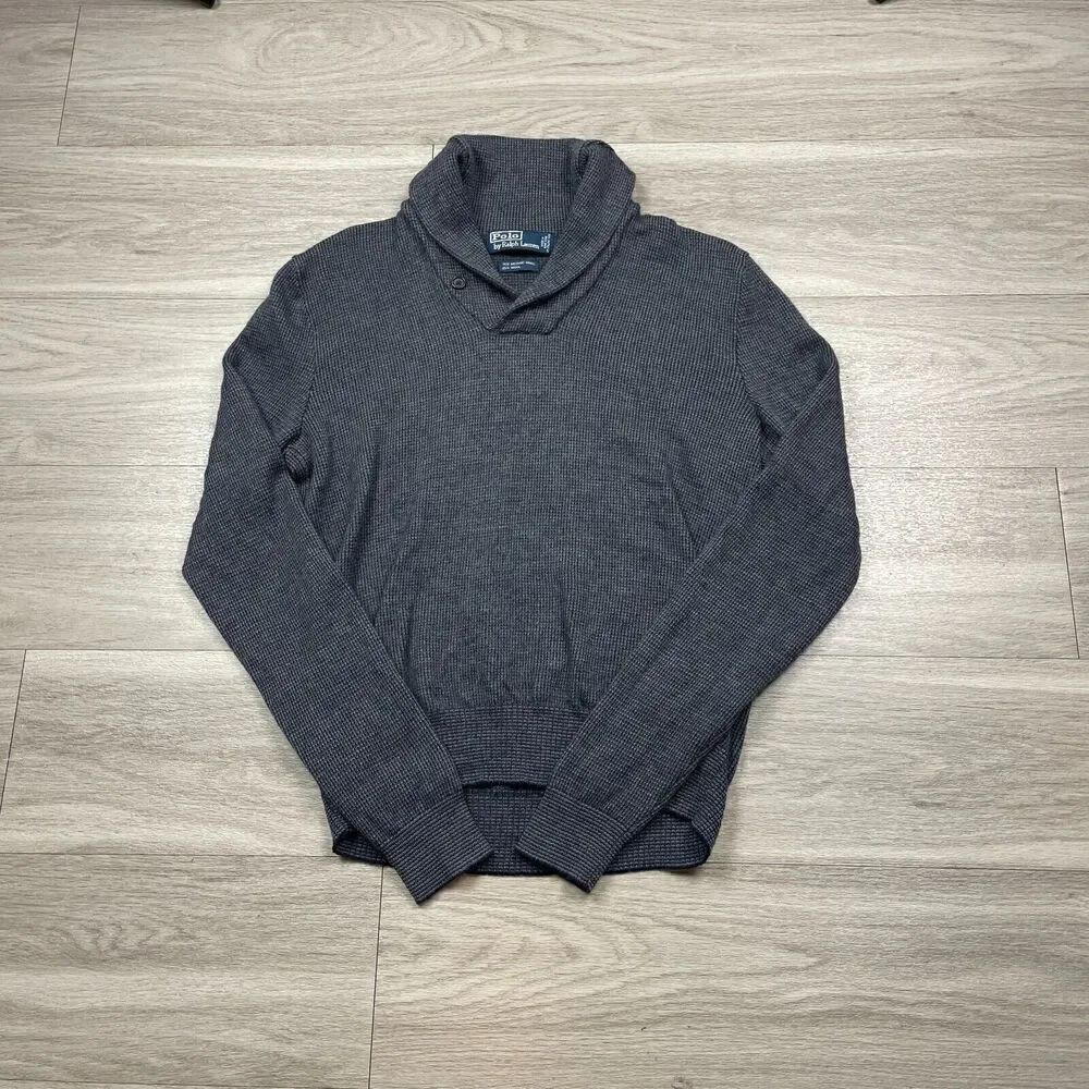 Vintage Polo Ralph Lauren Sweater Mens Medium Gray Merino Wool Shawl Neck Golf